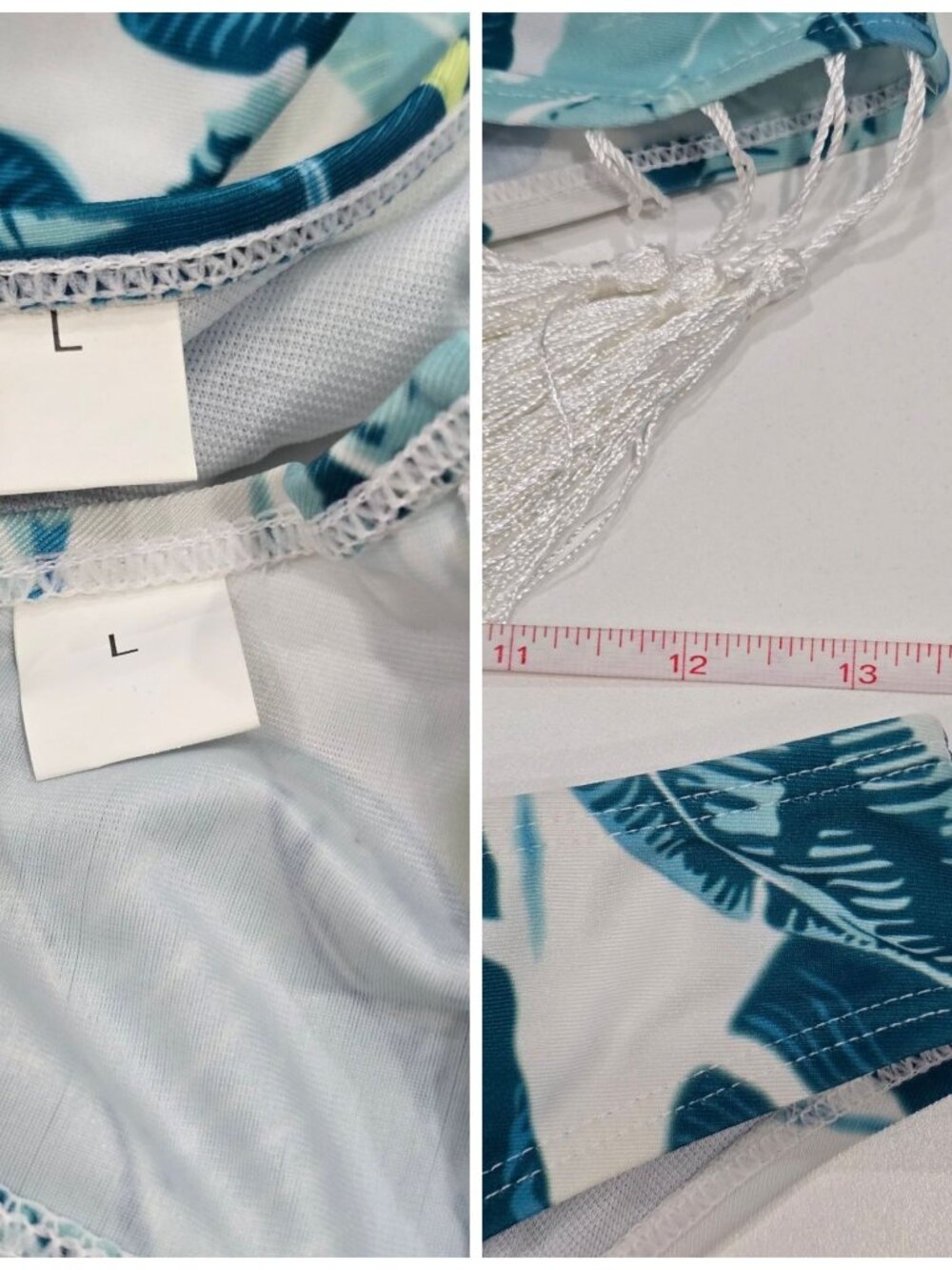 Tropical Leaf ✦ Blue Halter Bikini Set ✦ White Fringe Detailing Festival Size L - Picture 7 of 8
